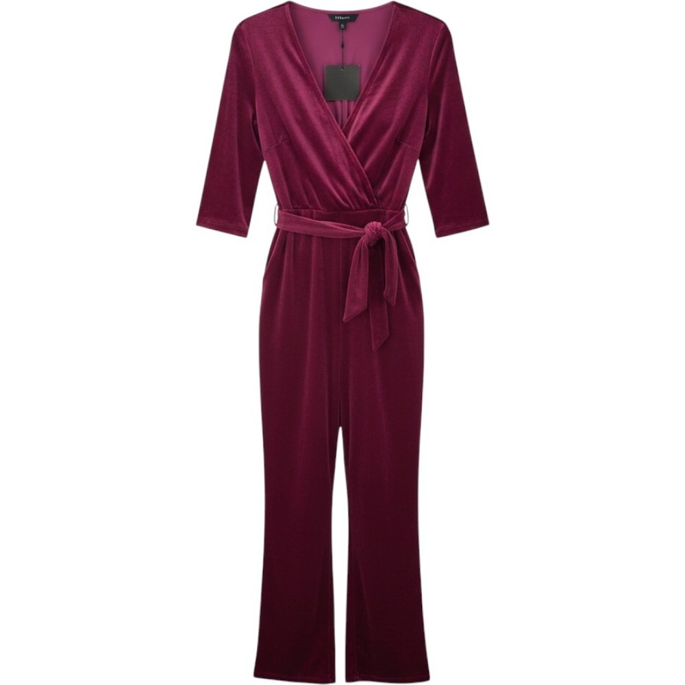 Parisian Magenta Velvet Wrap Front Long Sleeve Wide Leg Jumpsuit Size 6 JS11217